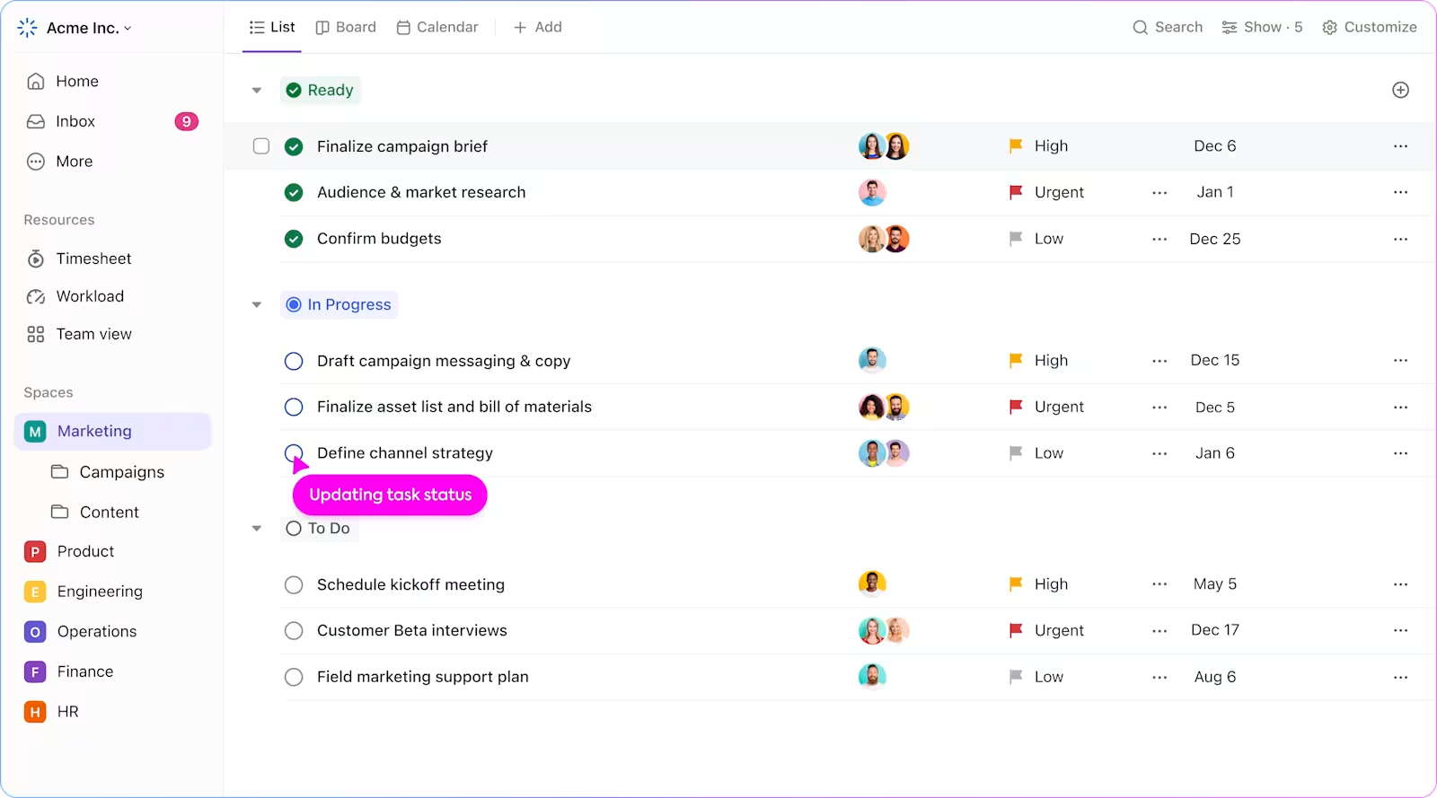 interfaz de ClickUp en español