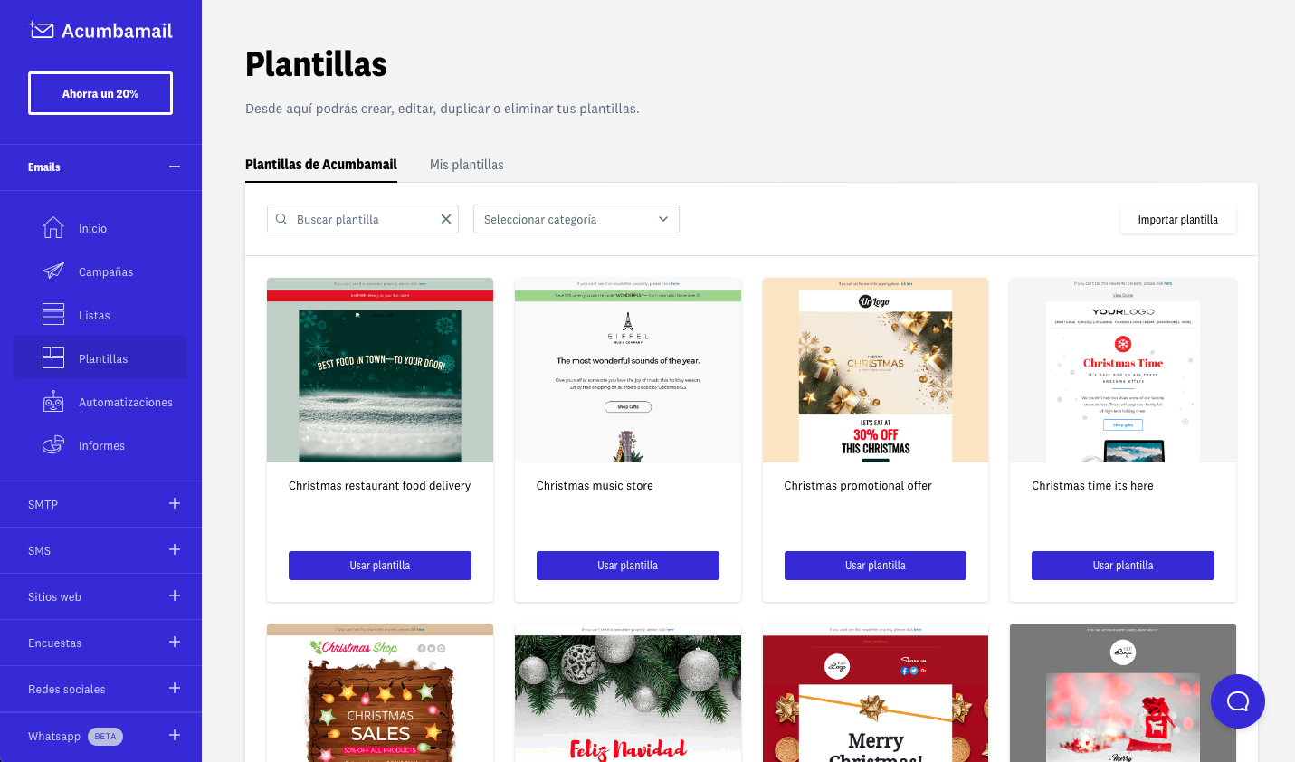 interfaz de Acumbamail en español